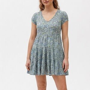 Cottage Prairie Whimsy Western Boho Feminine Vacation Floral Tiered Dress Blue L